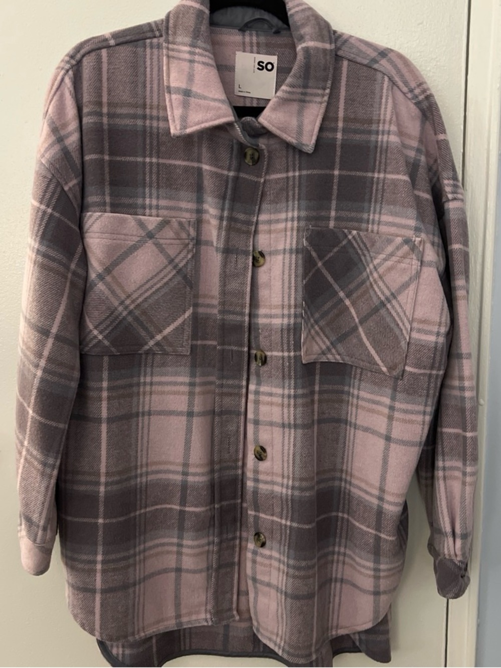 SO Pink and Gray Plaid Utility Shacket